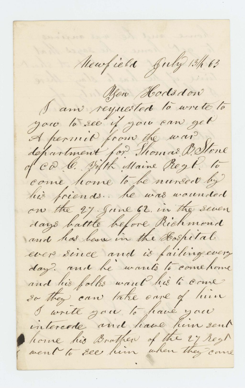 Miniature of Zachariah Dunnels requests a discharge for the wounded Thomas B. Stone of Company C