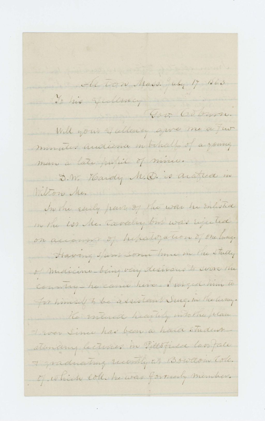 Miniature of Harris Cowany recommends Dr. Hardy for position as surgeon