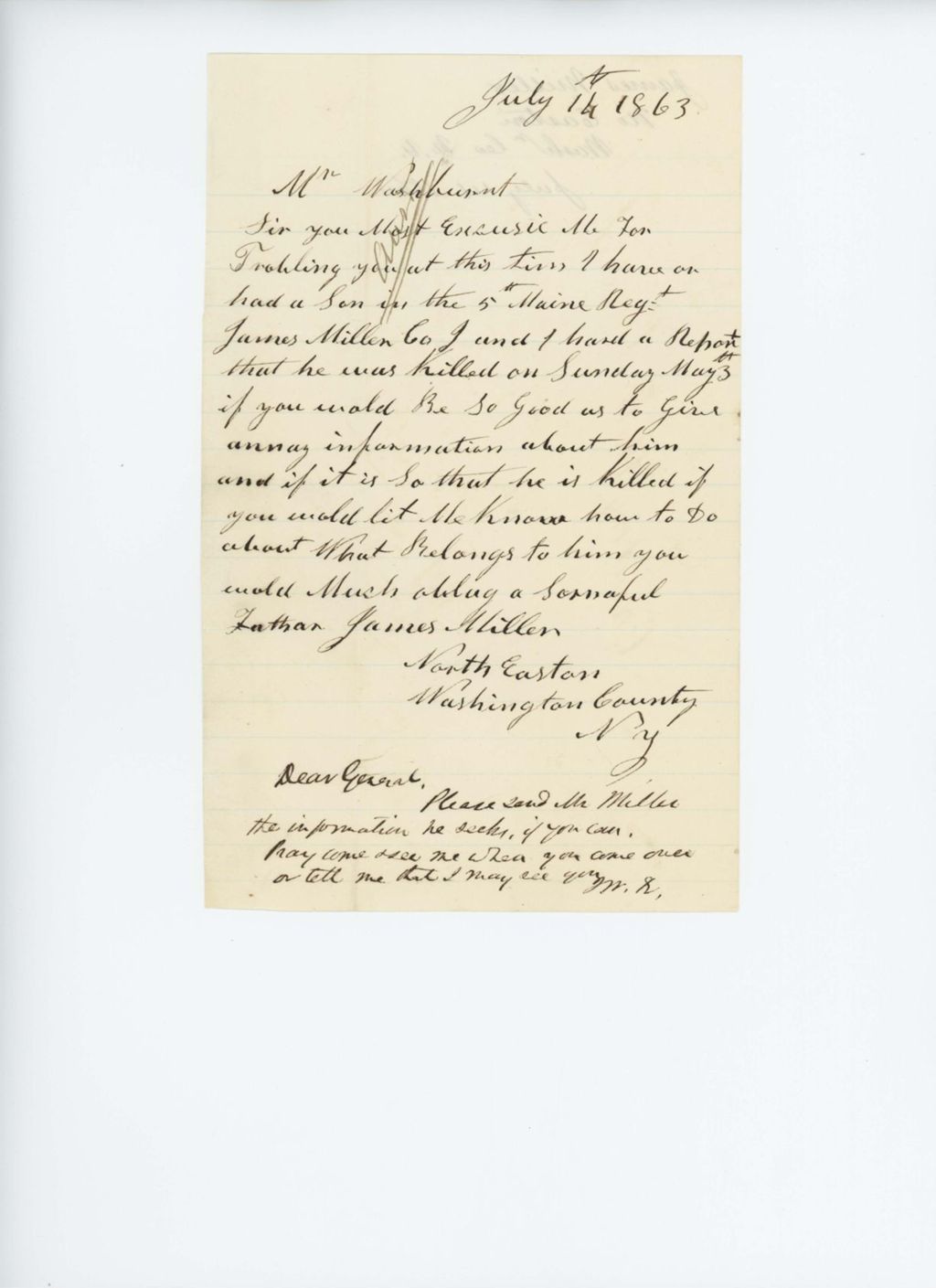 Miniature of James Miller inquires if his son James Miller was killed May 3