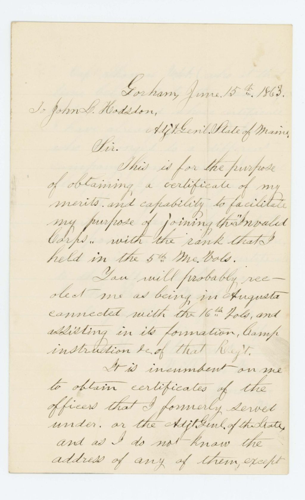 Miniature of William Merrill requests a recommendation to join the Invalid Corps