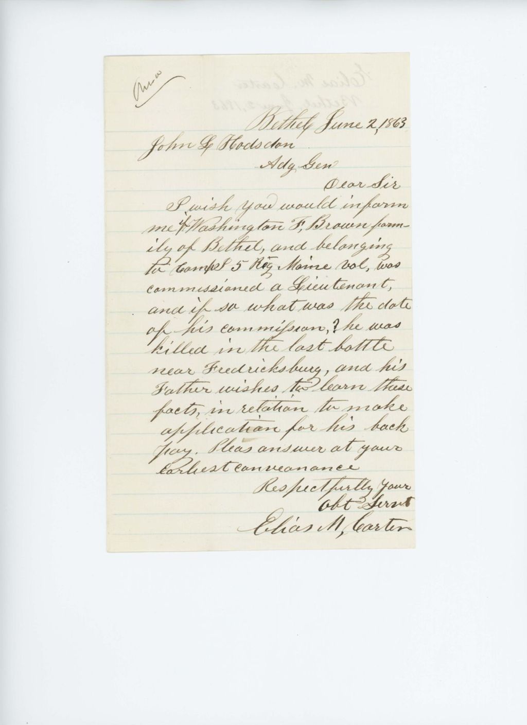 Miniature of Elias Carter inquires if Washington F. Brown received a commission
