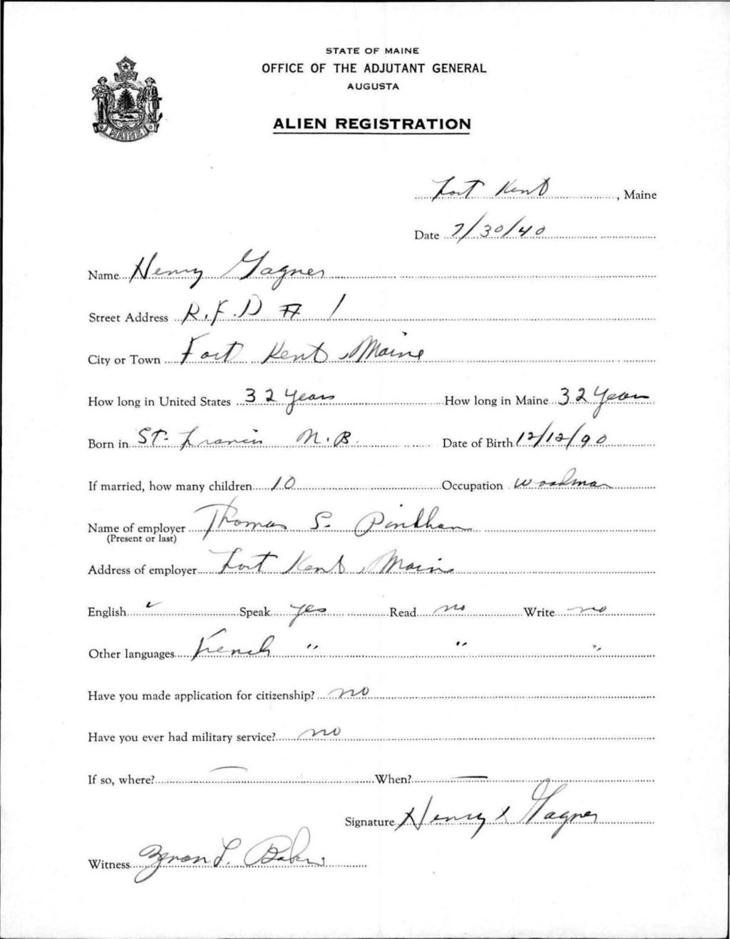 Miniature of Alien Registration- Gagnon, Henny (Fort Kent, Aroostook County)