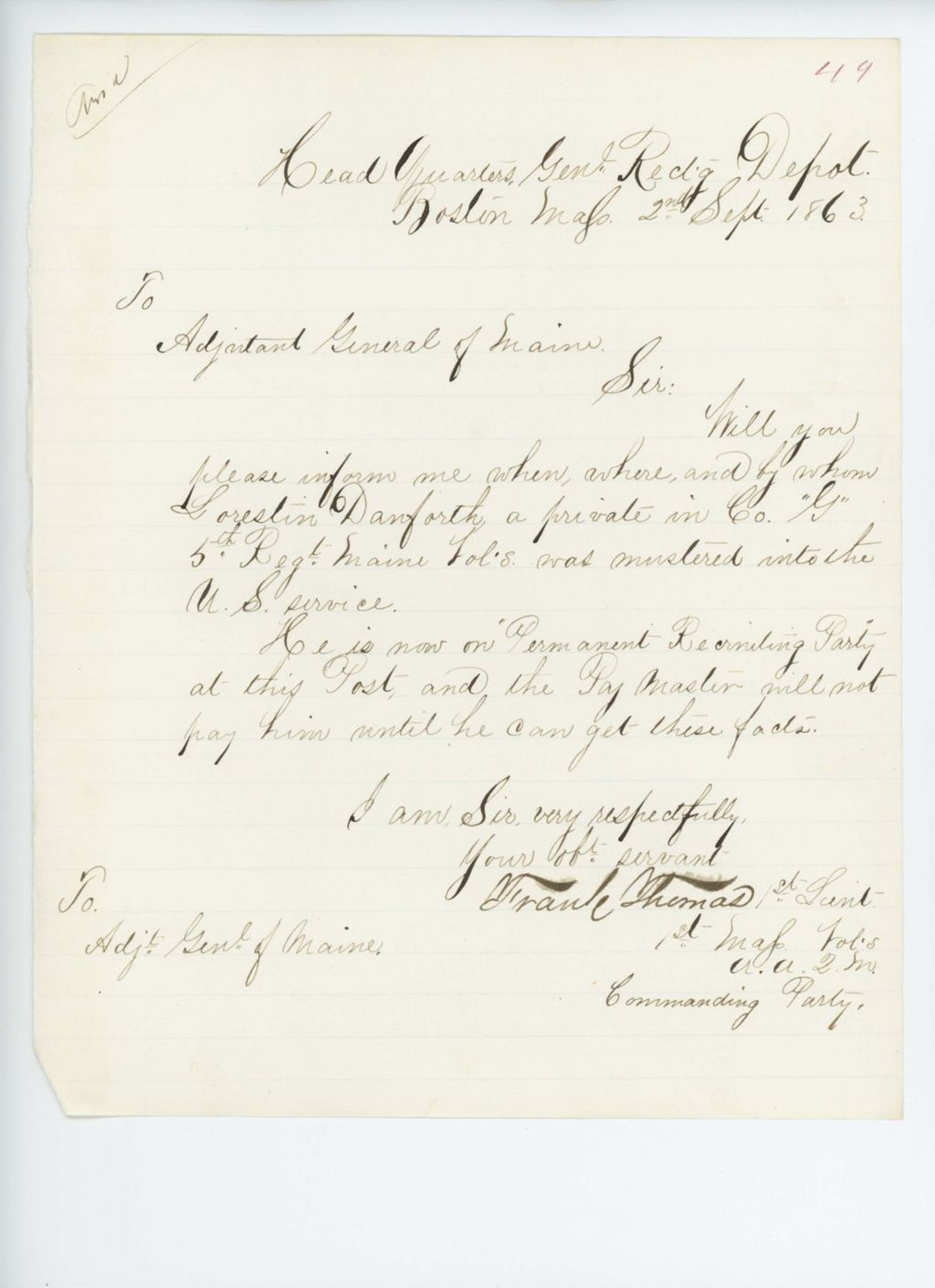 Miniature of Frank Thomas requests muster information about Lorestin Danforth of Company G