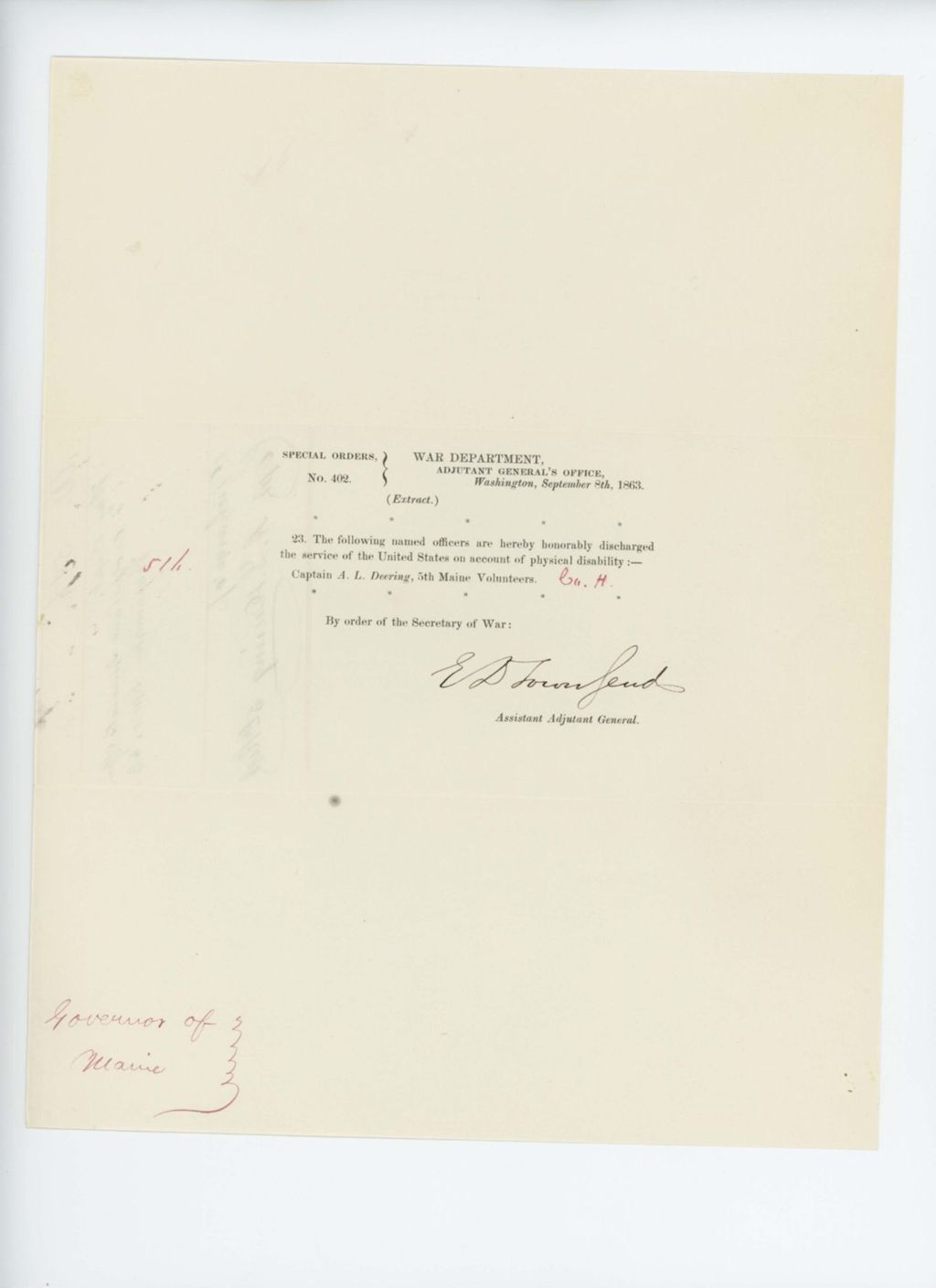 Miniature of Special Order 402 honorably discharging Captain A.L. Deering from service