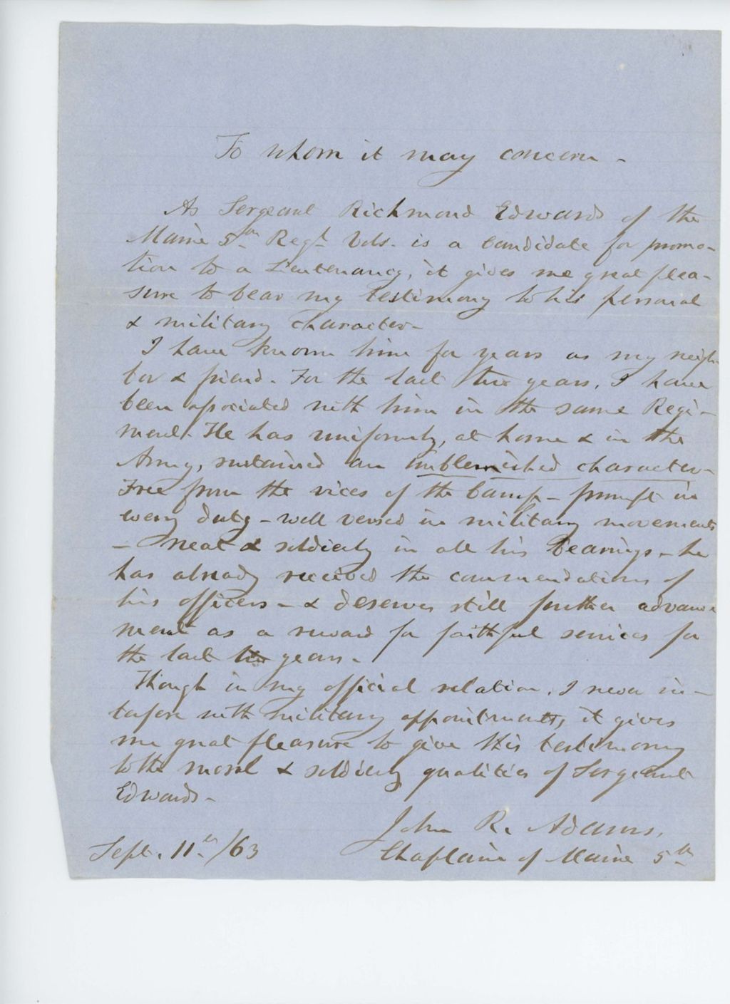 Miniature of Chaplain John R. Adams recommends Sergeant Richmond Edwards for promotion