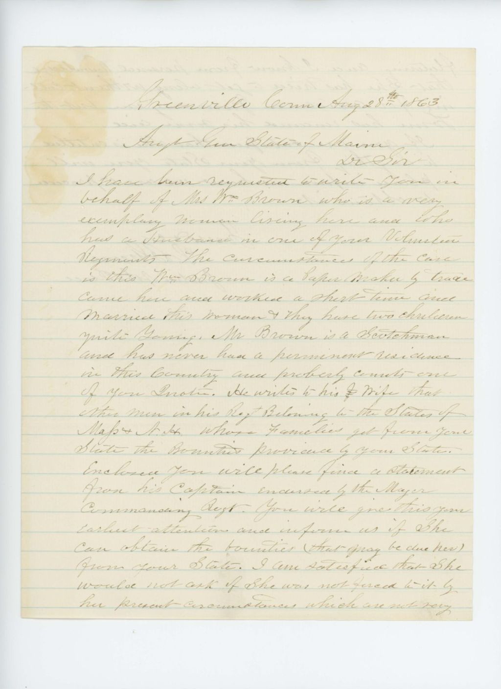 Miniature of P.B. Greene requests bounty payment for the family of William Brown