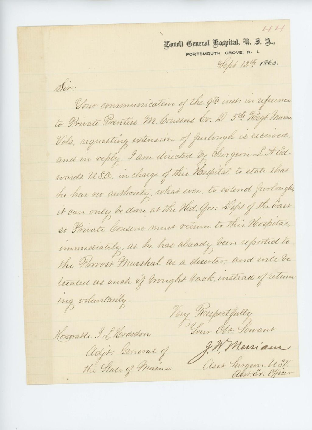 Miniature of Assistant Surgeon J.W. Merriam writes General Hodsdon regarding extension of furlough for Prentiss M. Cousens