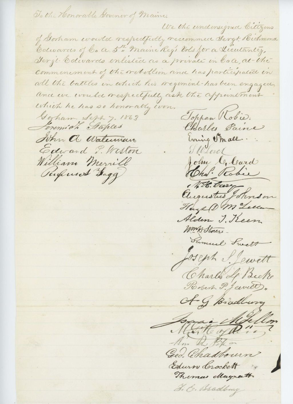Miniature of Citizens of Gorham recommend Sergeant Richmond Edwards of Company A for promotion