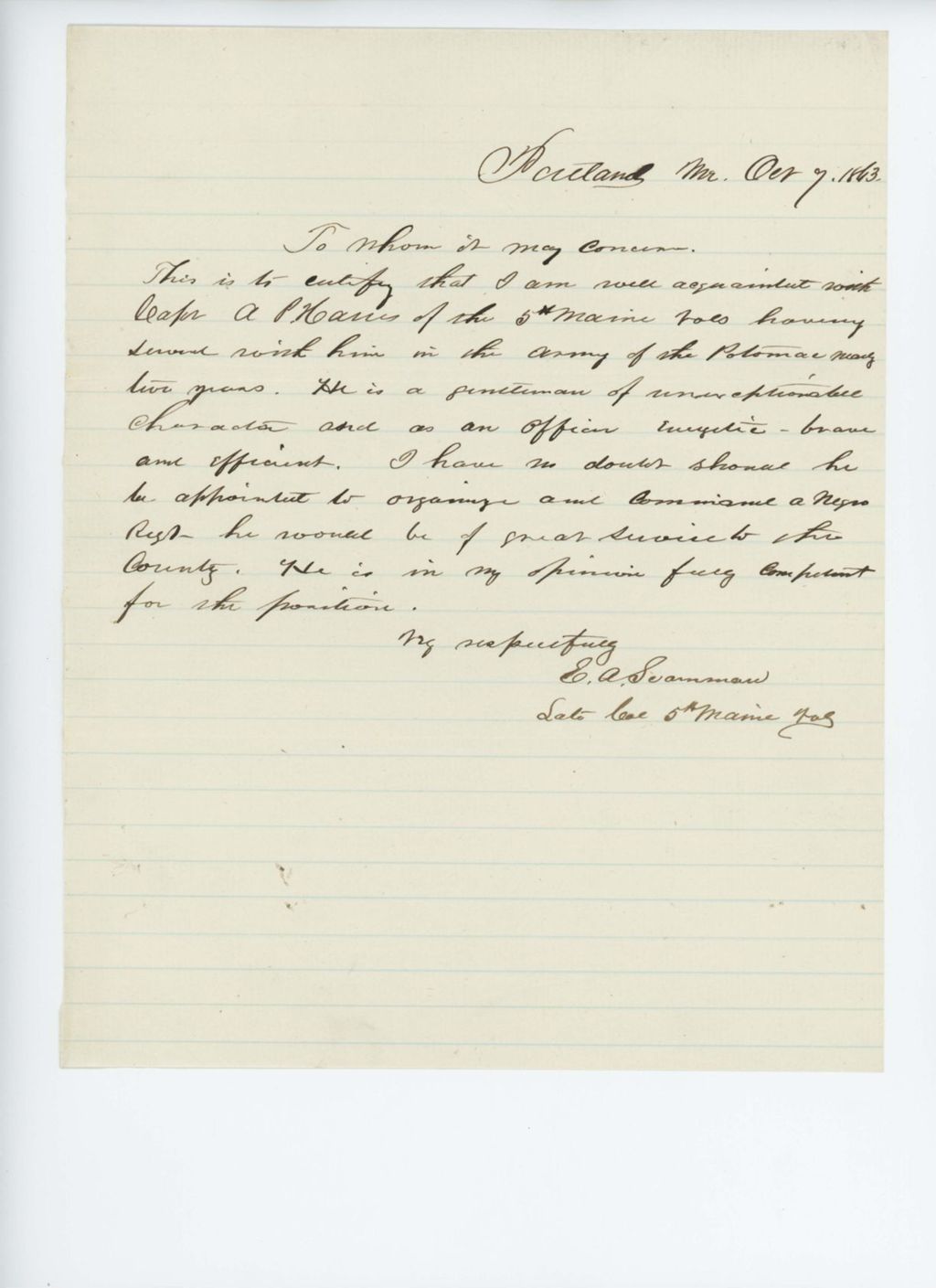 Miniature of Colonel Scamman recommends Captain A.P. Harris for commission in the Colored Troops