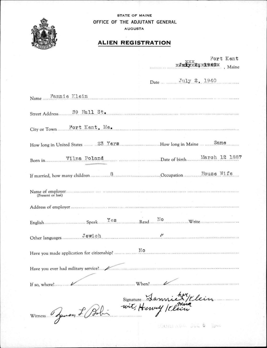 Miniature of Alien Registration- Klein, Fannie (Fort Kent, Aroostook County)