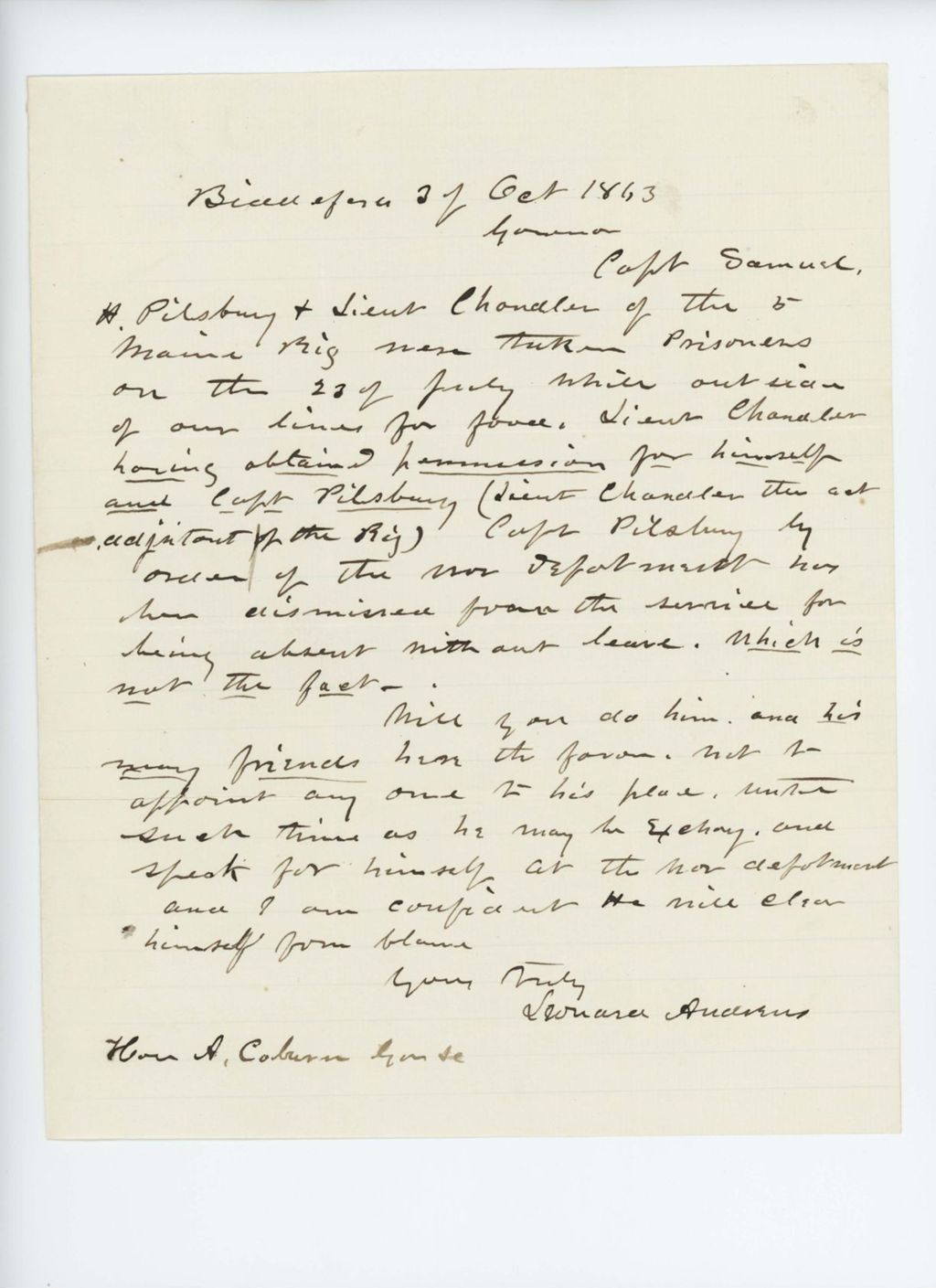 Miniature of Leonard Andrews writes regarding Captain Samuel H. Pilsbury and Lieutenant Chandler