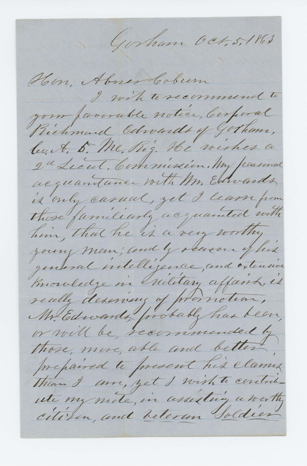Miniature of Joseph W. Parker recommends Corporal Richmond Edwards for promotion