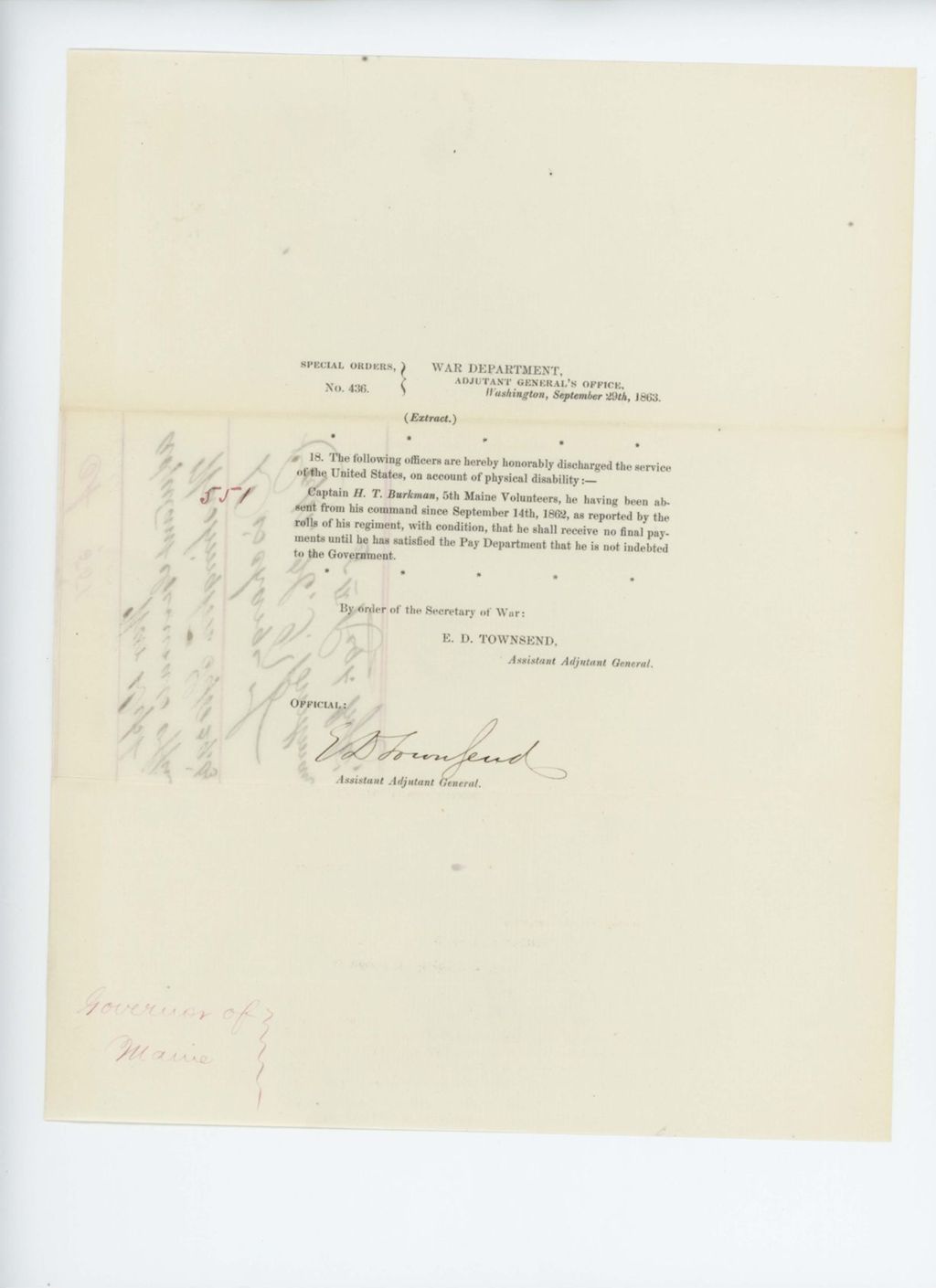 Miniature of Special Order 436 honorably discharging Captain H.T. Burkman from service