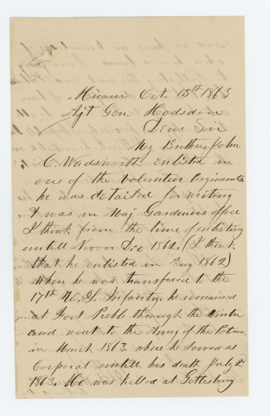 Miniature of S.D. Wadsworth requests a description of his brother John, who was killed at Gettysburg, so he may identify his remains