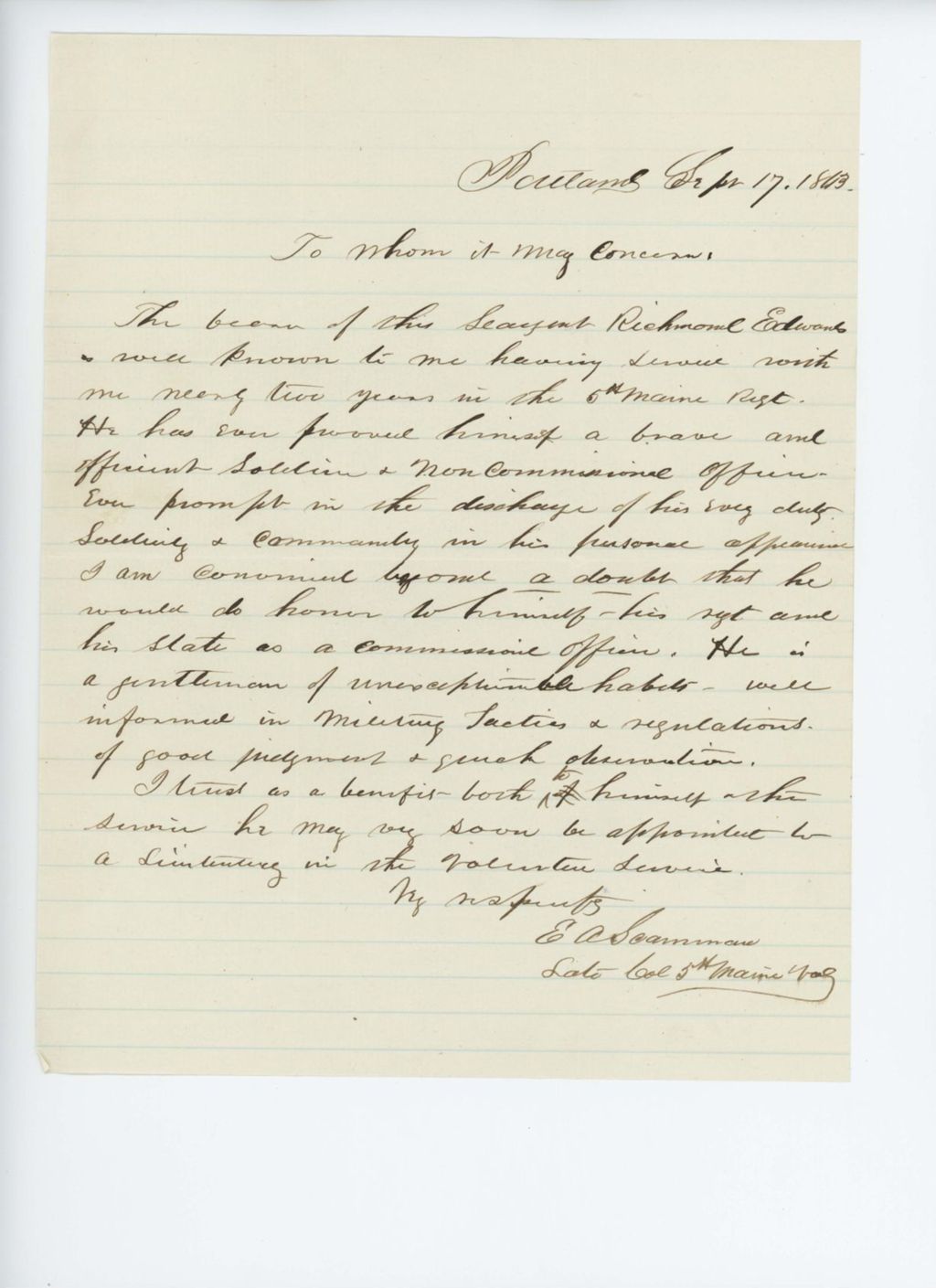 Miniature of Colonel E.A. Scamman recommends Sergeant Richmond Edwards