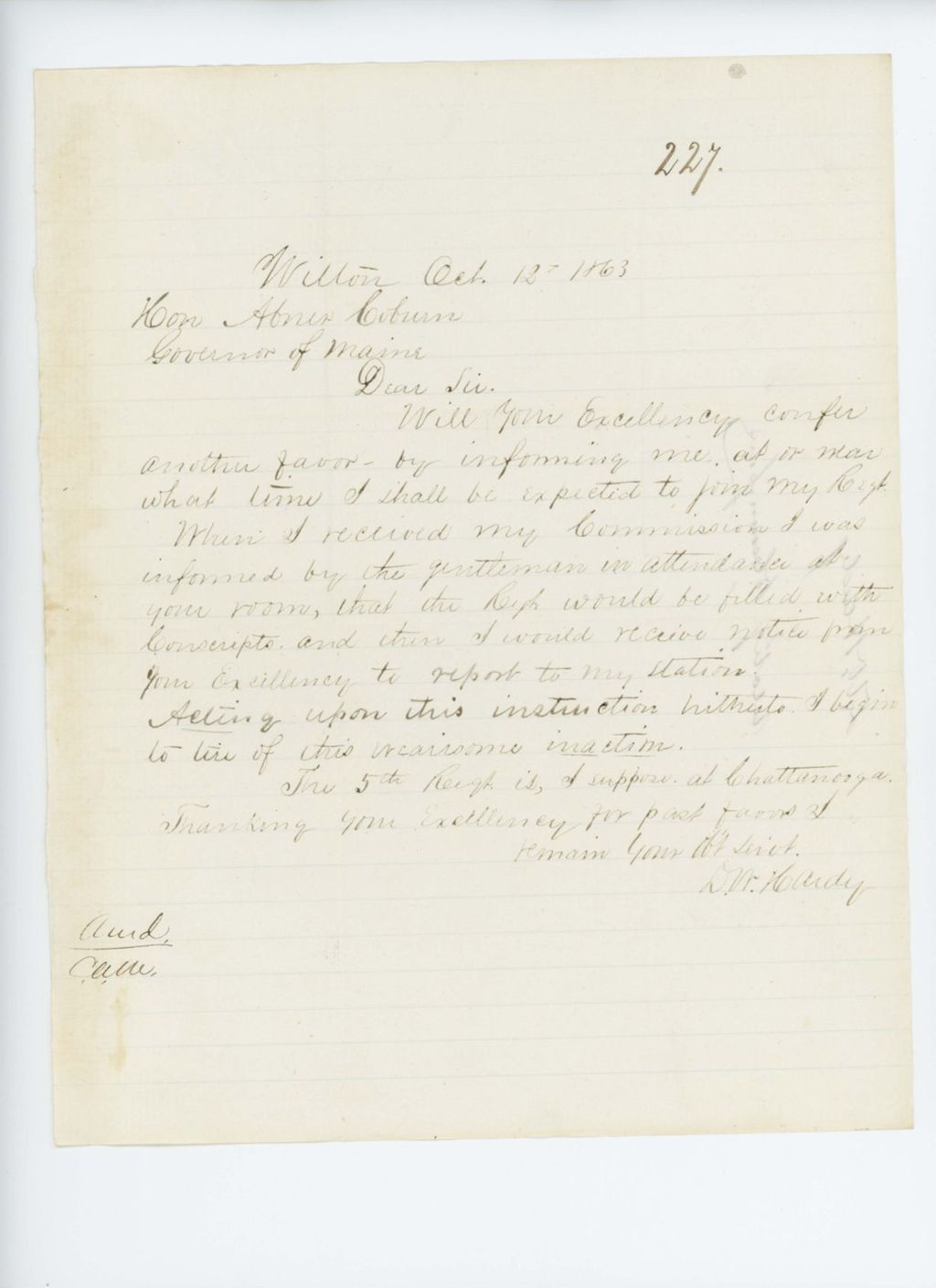 Miniature of D.W. Hardy inquires when he is expected to join his regiment
