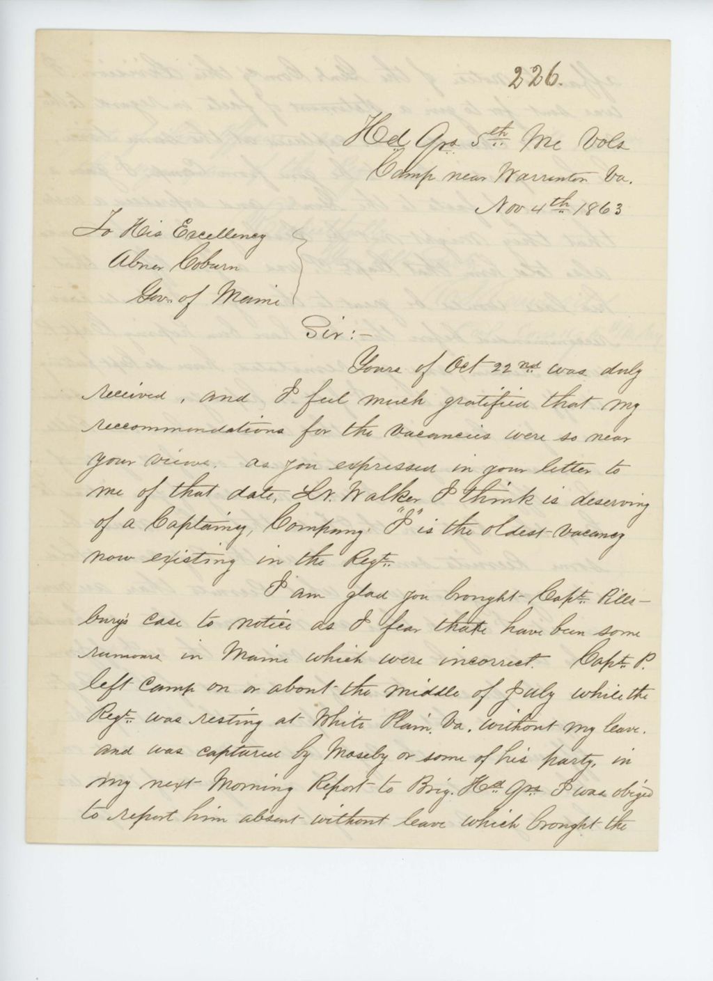 Miniature of Colonel C.S. Edwards writes Governor Coburn about recommendations and case of Captain Pillsbury
