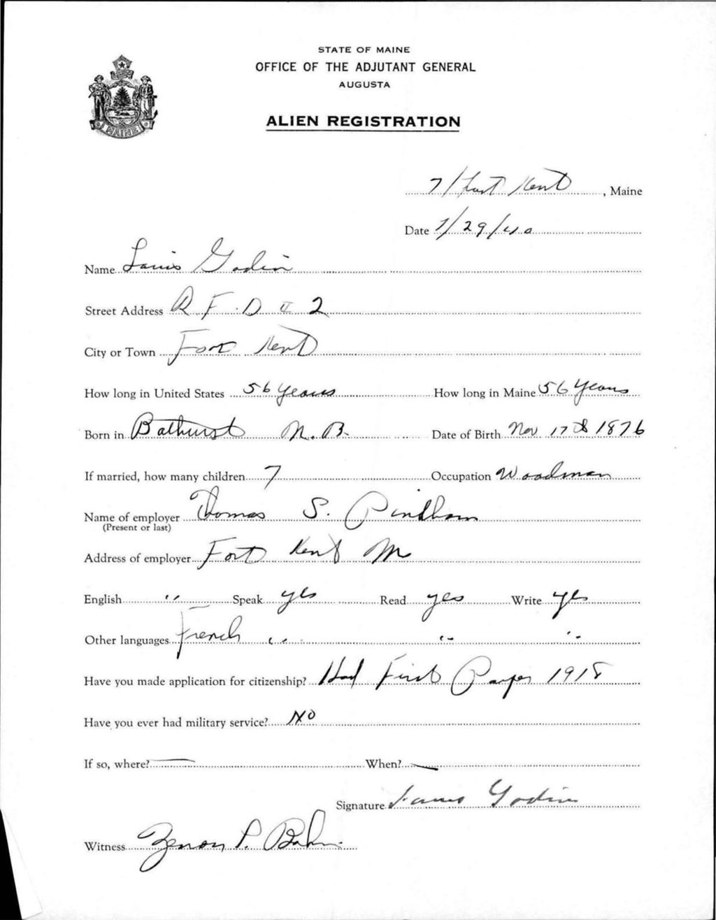 Miniature of Alien Registration- Godin, Louis (Fort Kent, Aroostook County)
