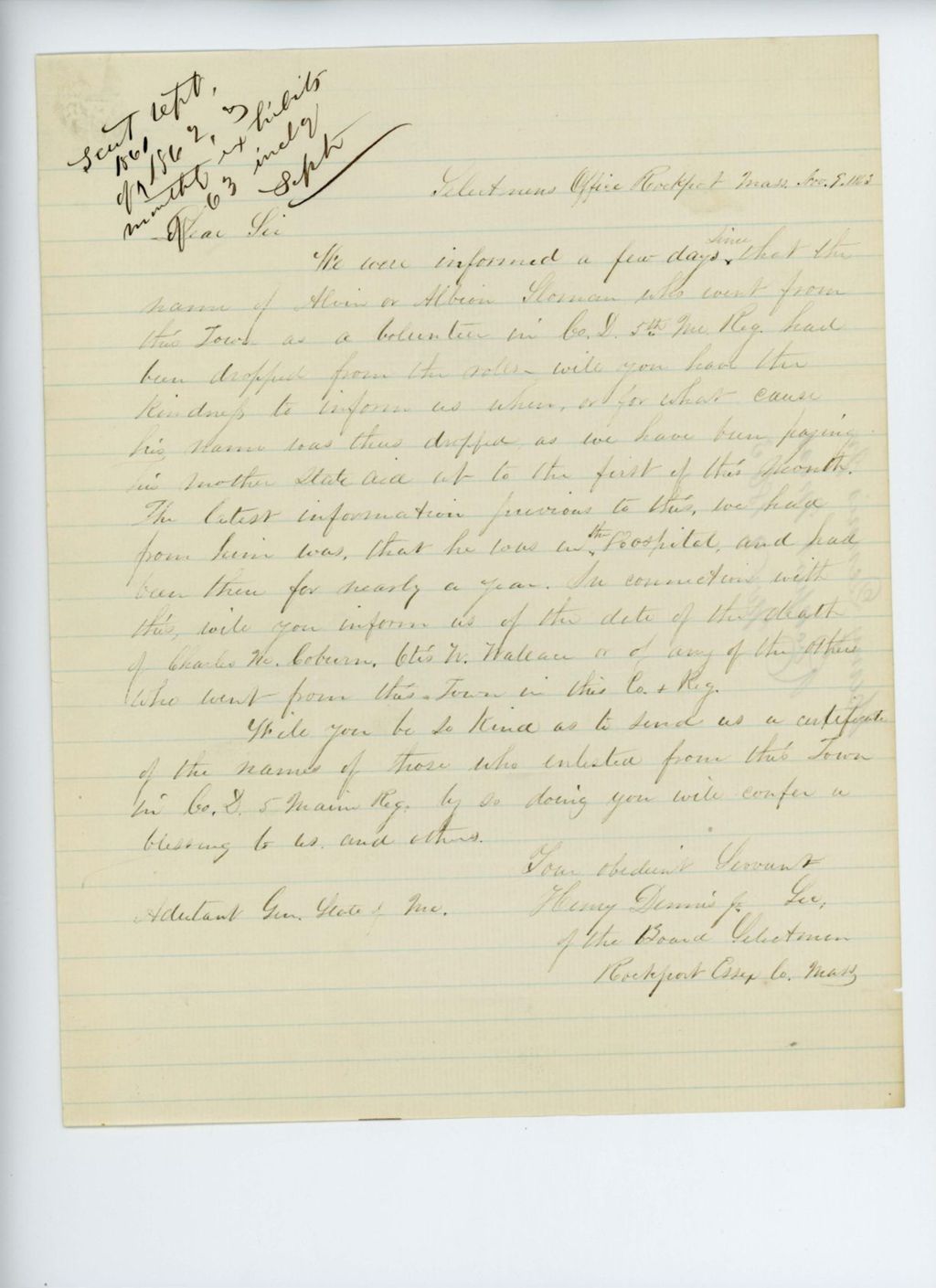 Miniature of Henry Dennis, Jr. writes regarding state aid