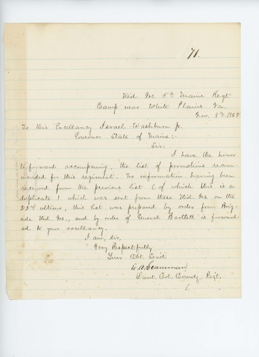 Miniature of Lieutenant Colonel E.A. Scamman forwards a list of recommended promotions