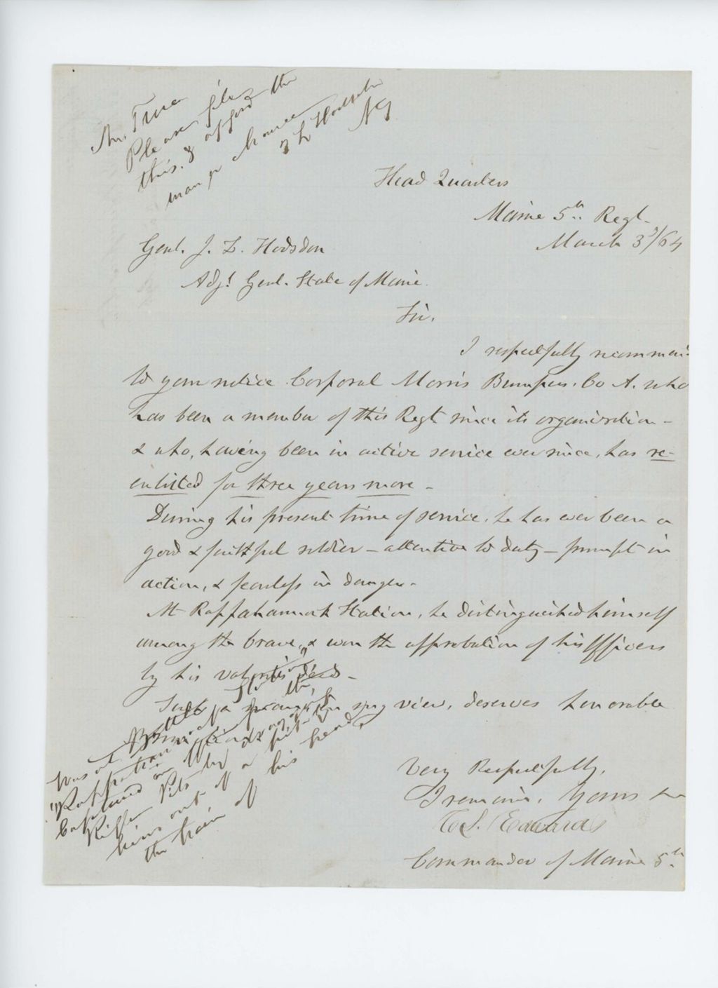 Miniature of Colonel C.S. Edwards recommends Corporal Bumpus of Company A for promotion
