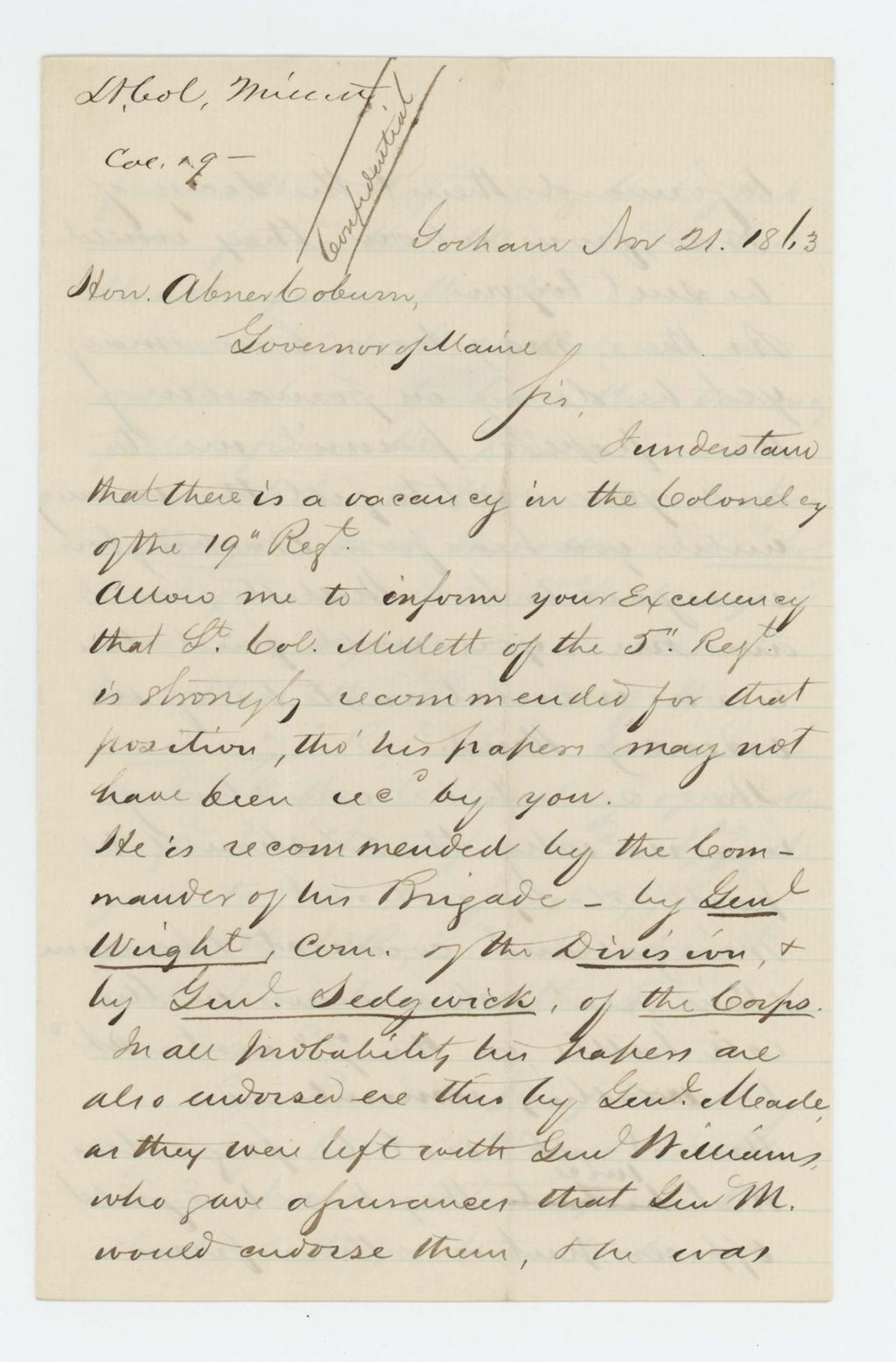 Miniature of John A. Waterman recommends Lieutenant Colonel Millett for promotion