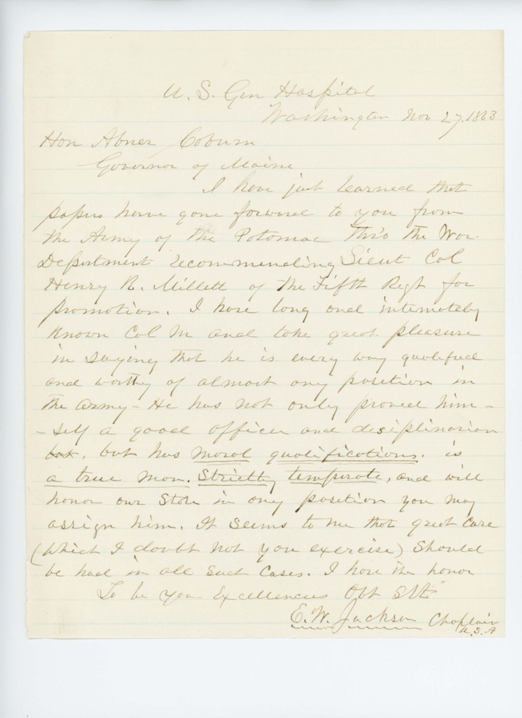 Miniature of Chaplain E.W. Jackson recommends Henry Millett for promotion