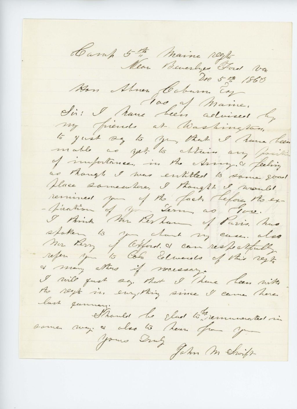 Miniature of John M. Swift requests a good place in the Army