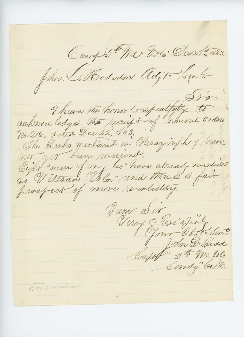 Miniature of Captain John D. Ladd acknowledges receipt of General Order 26