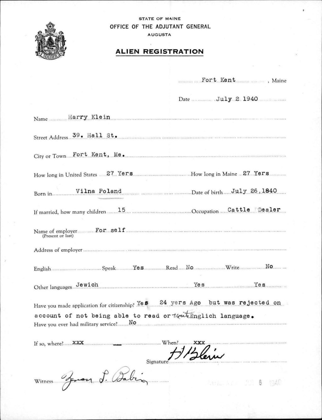 Miniature of Alien Registration- Klein, Harry (Fort Kent, Aroostook County)