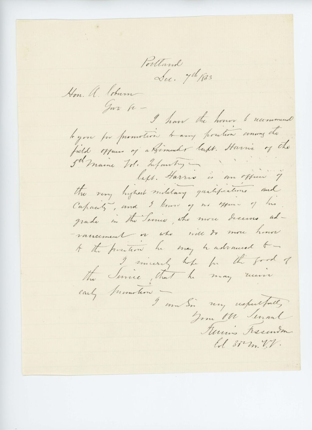 Miniature of Ferris Fessenden recommends Captain Harris for promotion