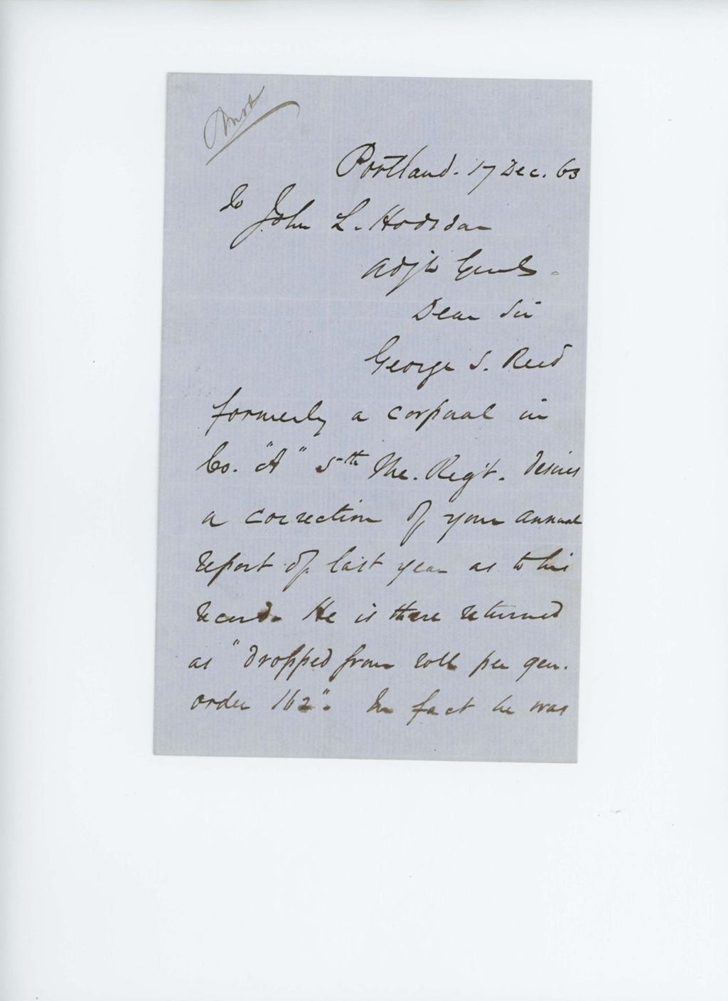 Miniature of Mr. Pierce writes General Hodsdon regarding an error in the annual report