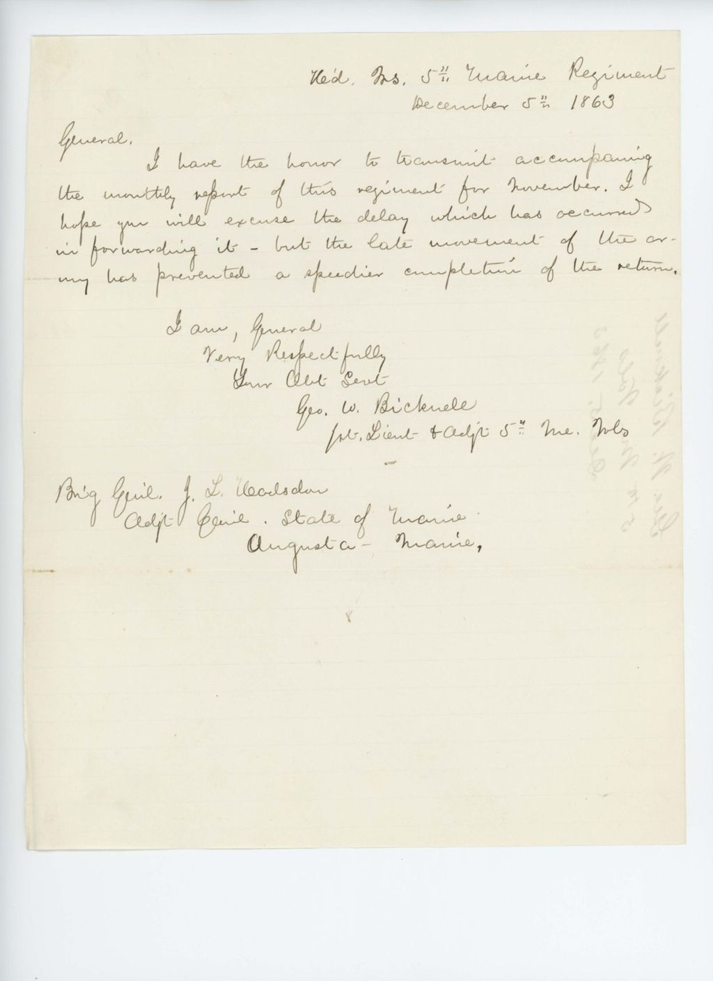 Miniature of George W. Bicknell forwards the monthly report to General Hodsdon