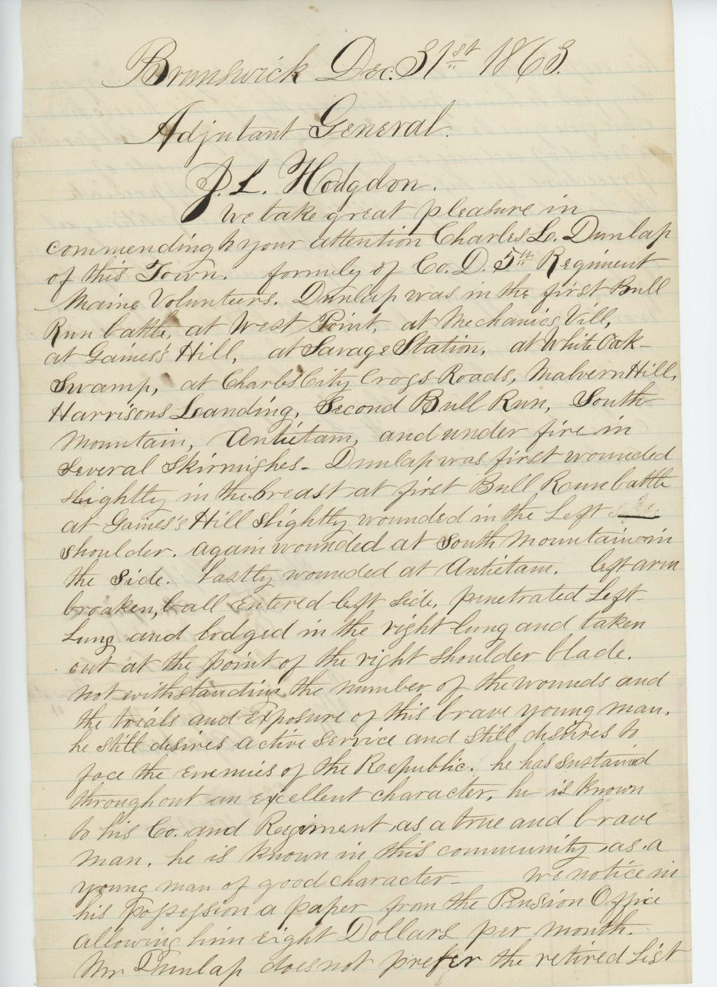 Miniature of Charles Gilman and others recommend Charles L. Dunlap of Company D for a position