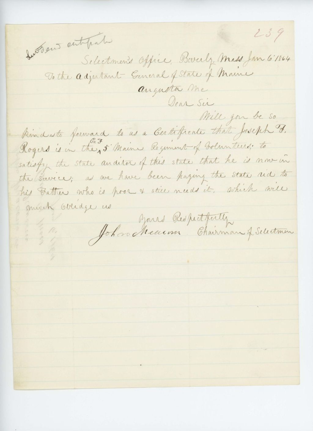 Miniature of John Meacom requests an enlistment certificate for Joseph F. Rogers of Company F