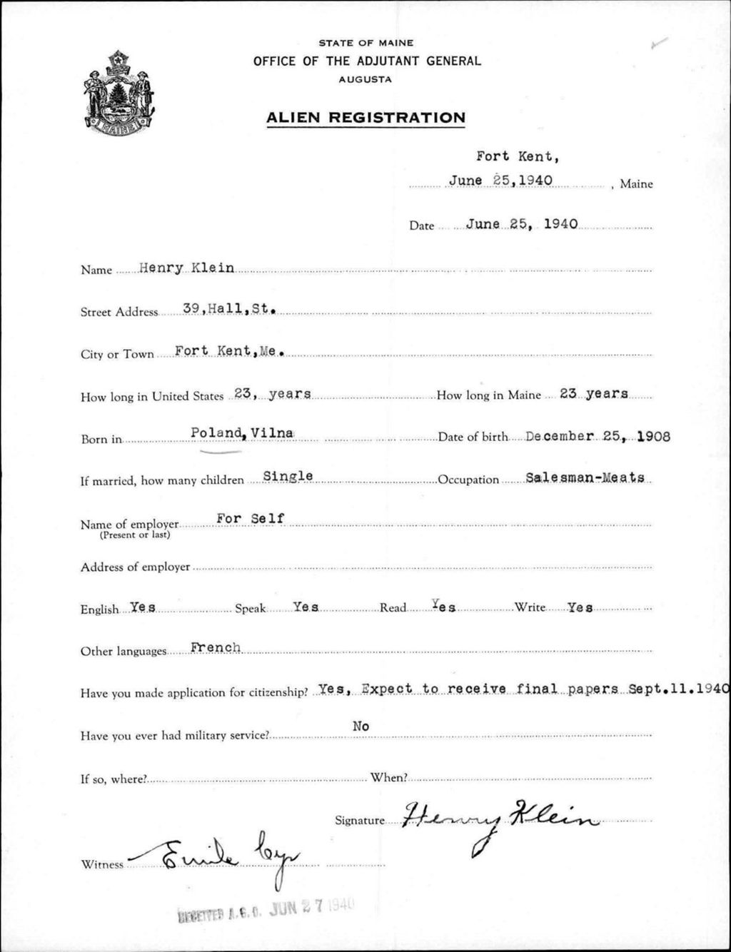 Miniature of Alien Registration- Klein, Henry (Fort Kent, Aroostook County)