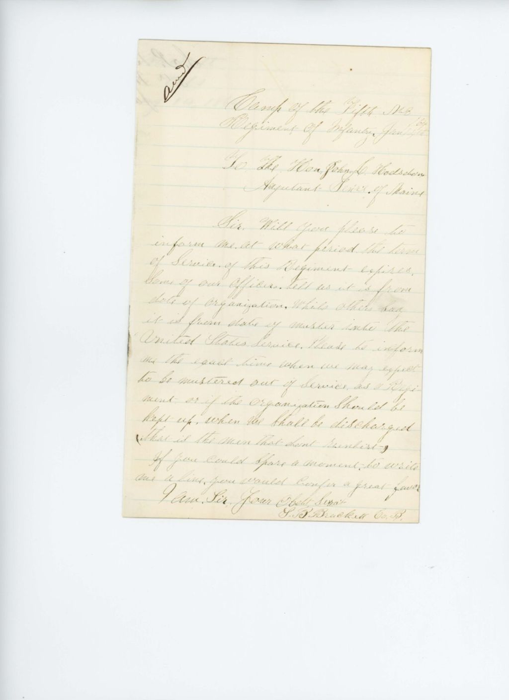 Miniature of S.P. Brackett inquires when the regiment's term of service expires