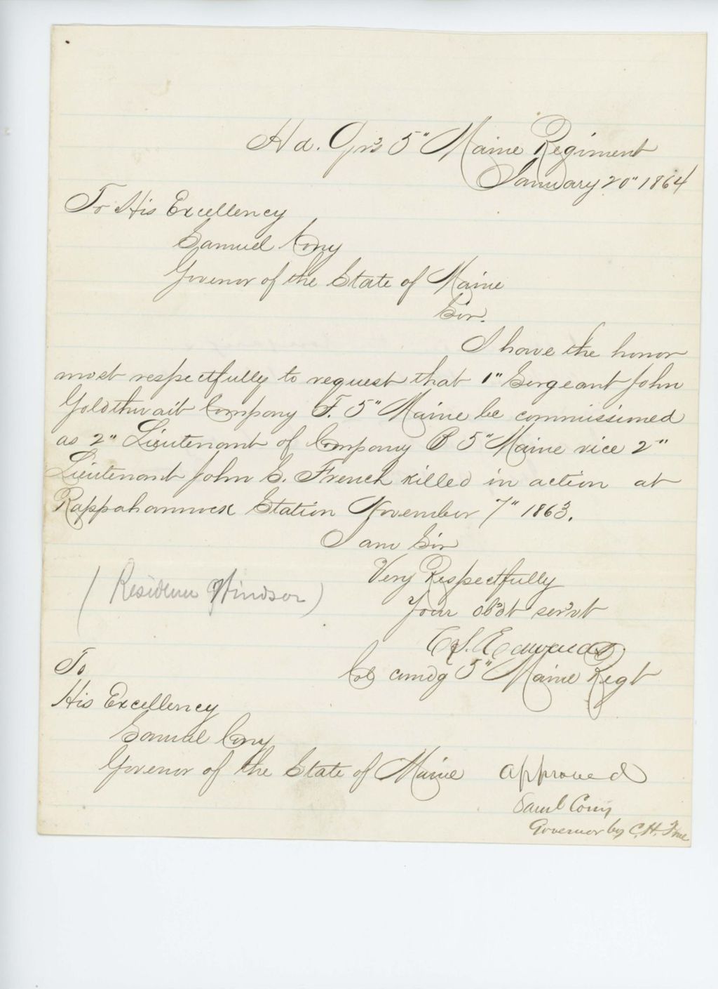 Miniature of Colonel Edwards requests a 2nd Lieutenant's commission for Sergeant John Goldthwait
