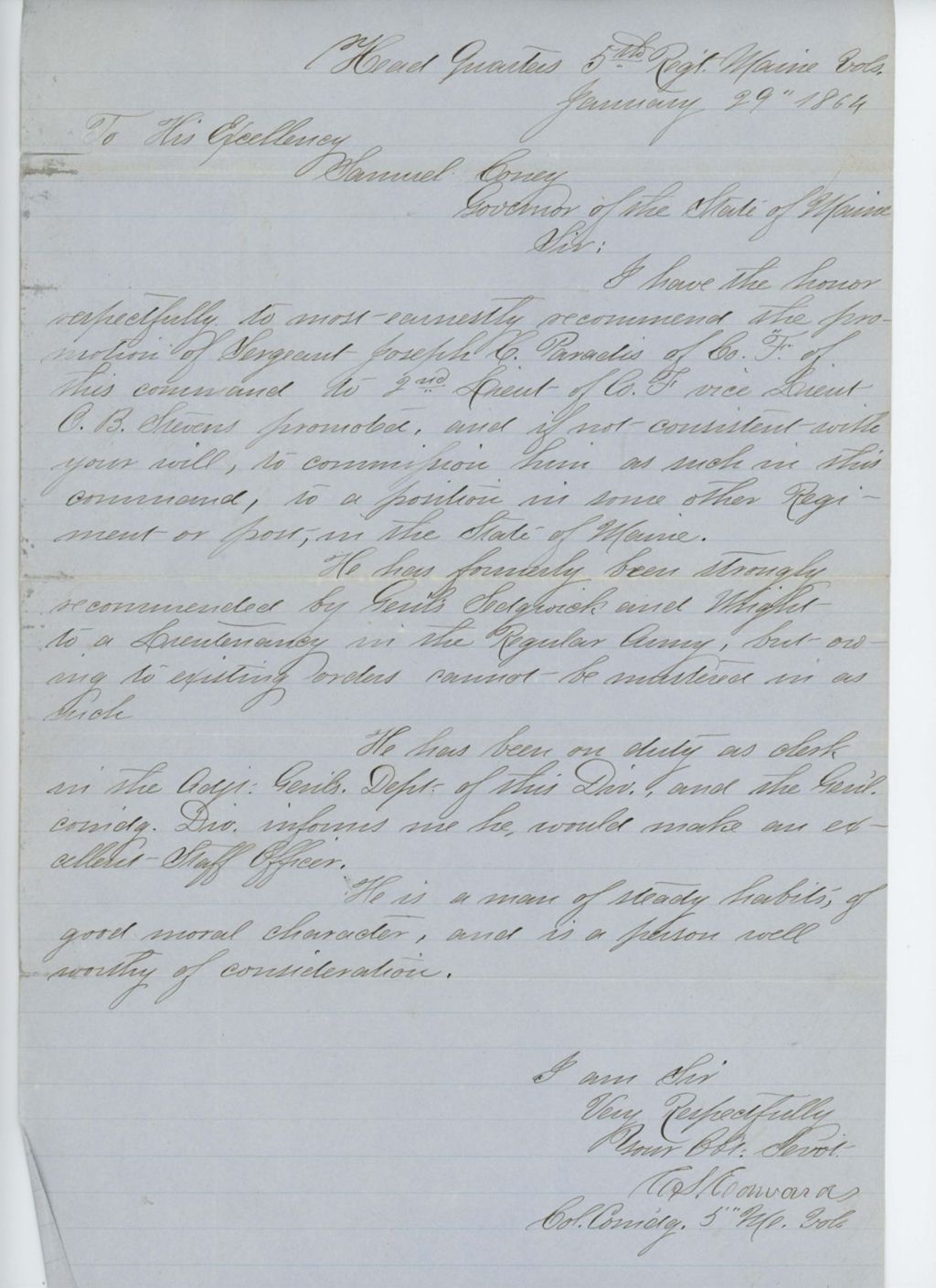 Miniature of Colonel Edwards recommends promotion of Sergeant Joseph Paradis