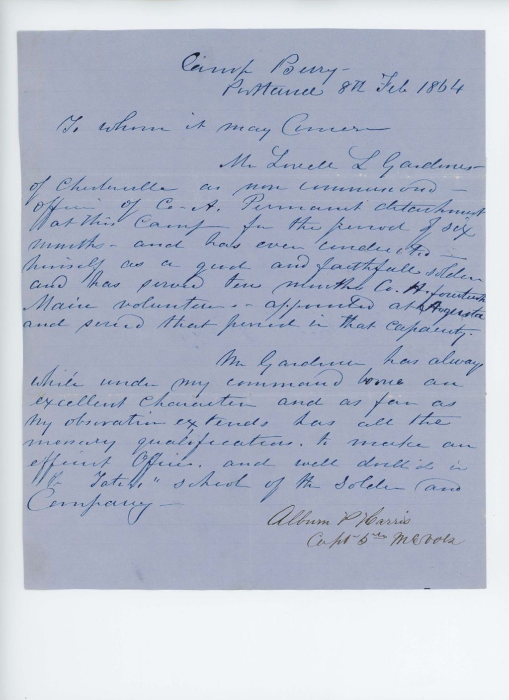 Miniature of Captain Albion Harris recommends Lowell Gardiner for promotion