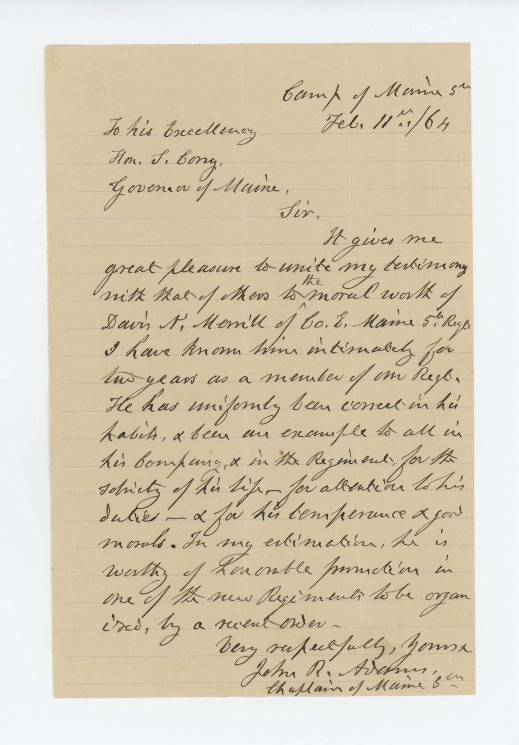Miniature of Chaplain John R. Adams recommends Davis K. Merrill of Company E