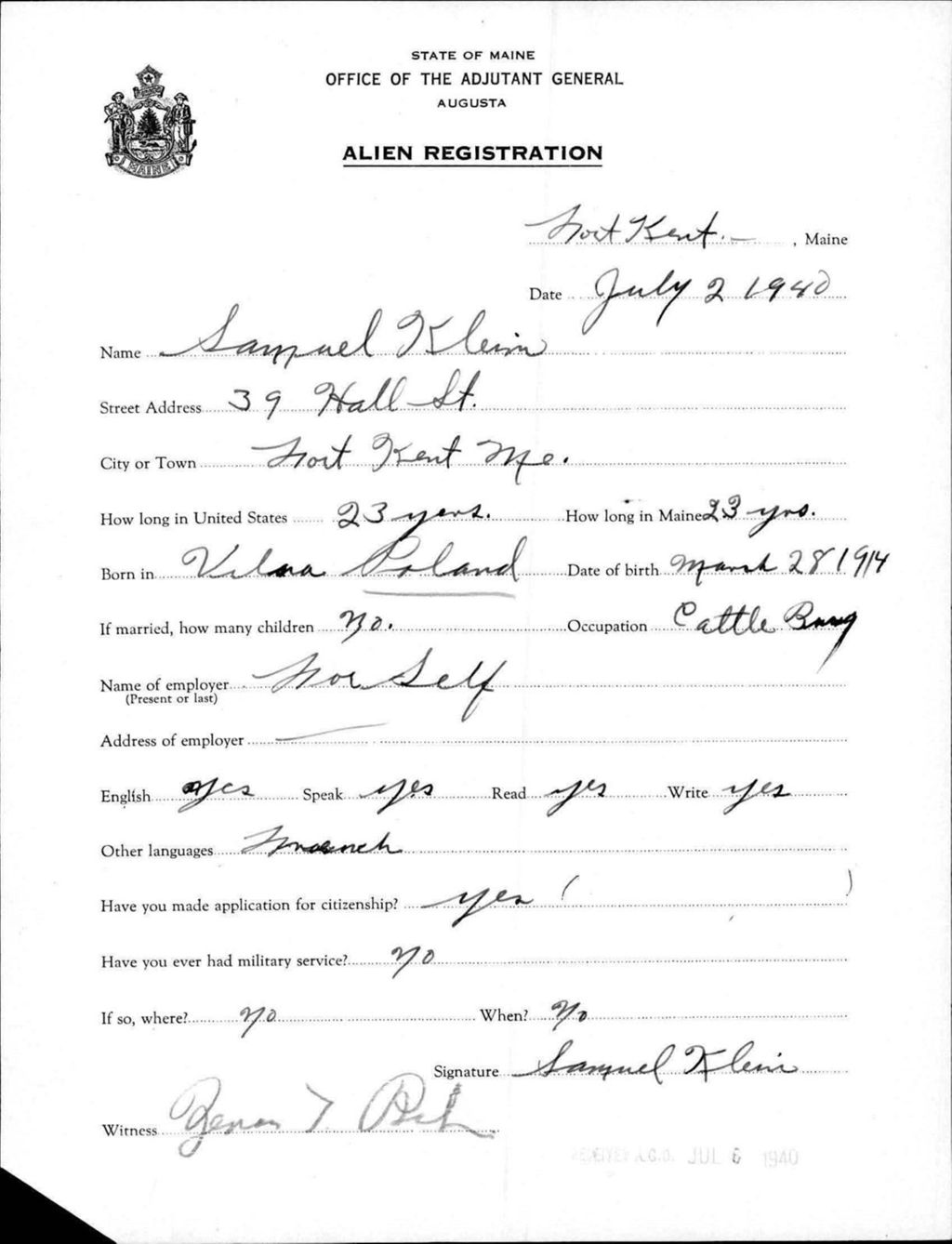 Miniature of Alien Registration- Klein, Samuel (Fort Kent, Aroostook County)