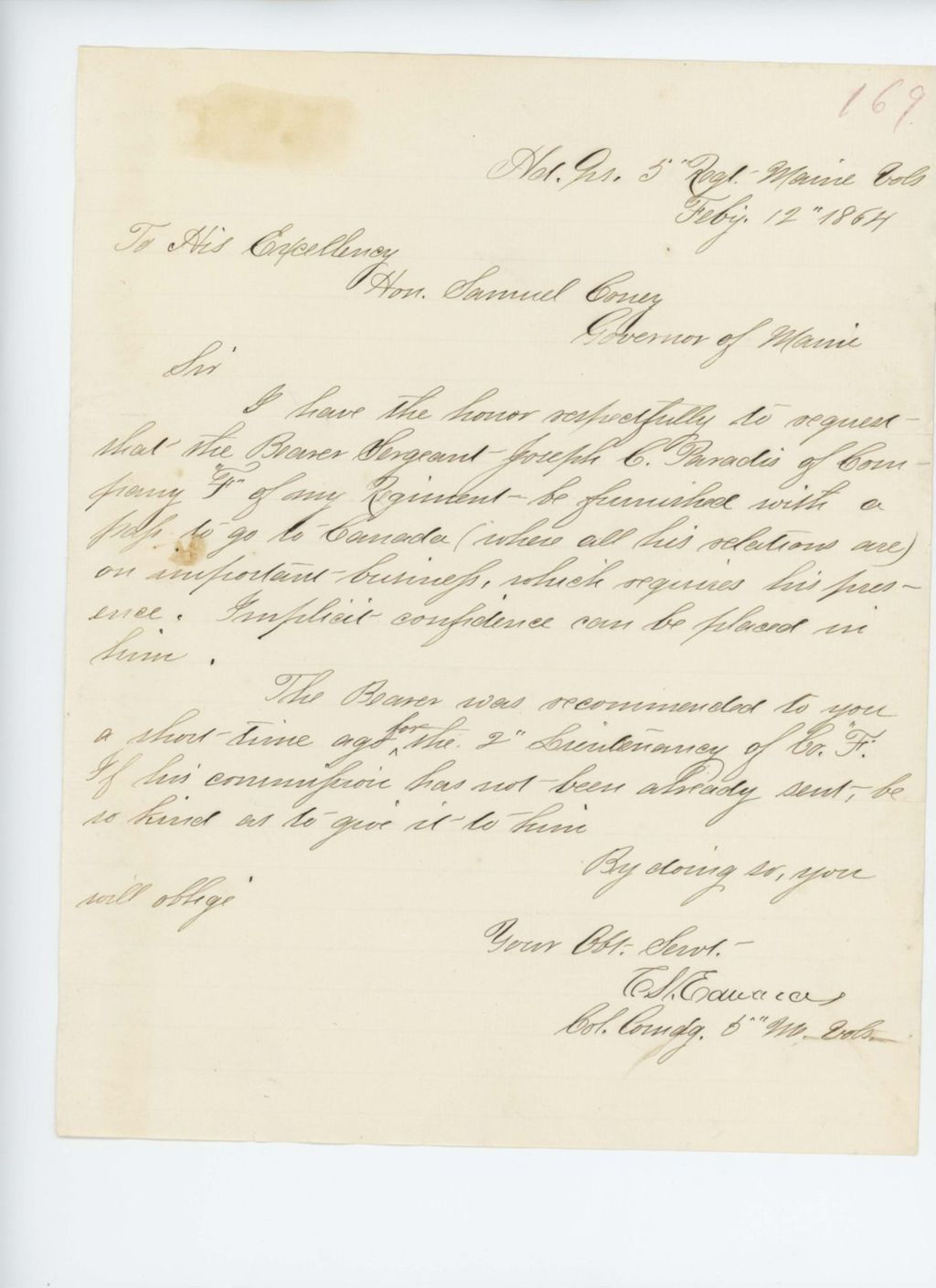 Miniature of Colonel Edwards requests a pass to Canada for Sergeant Joseph C. Paradis