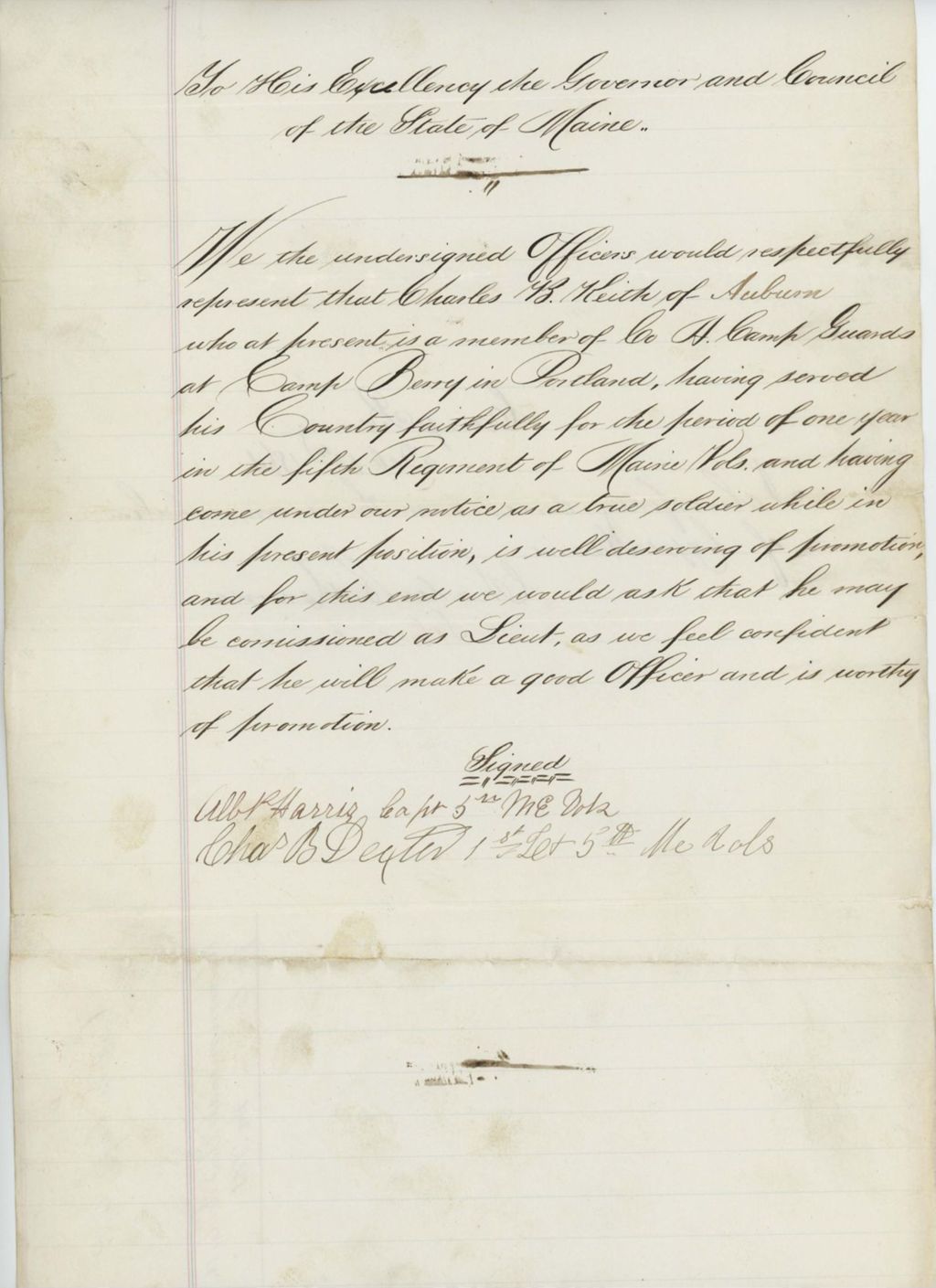 Miniature of Captain A.P. Harris and Charles Merrill recommend Charles B. Keith for a commission