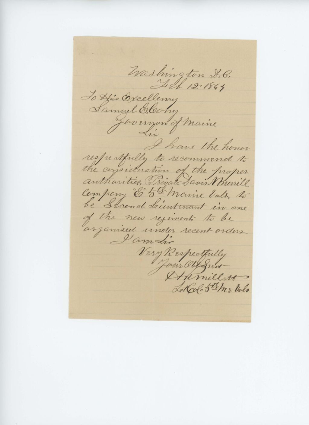 Miniature of Henry Millett again recommends Private Davis Merrill for promotion