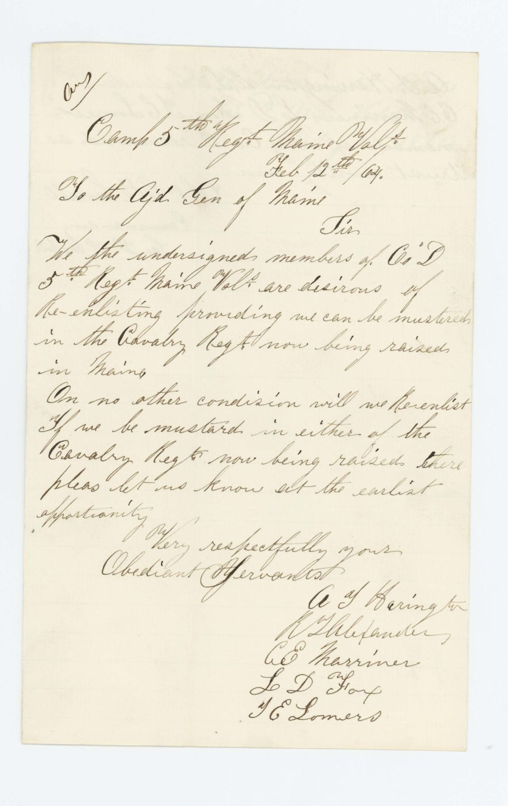 Miniature of L.D. Fox and other members of Company D request to re-enlist