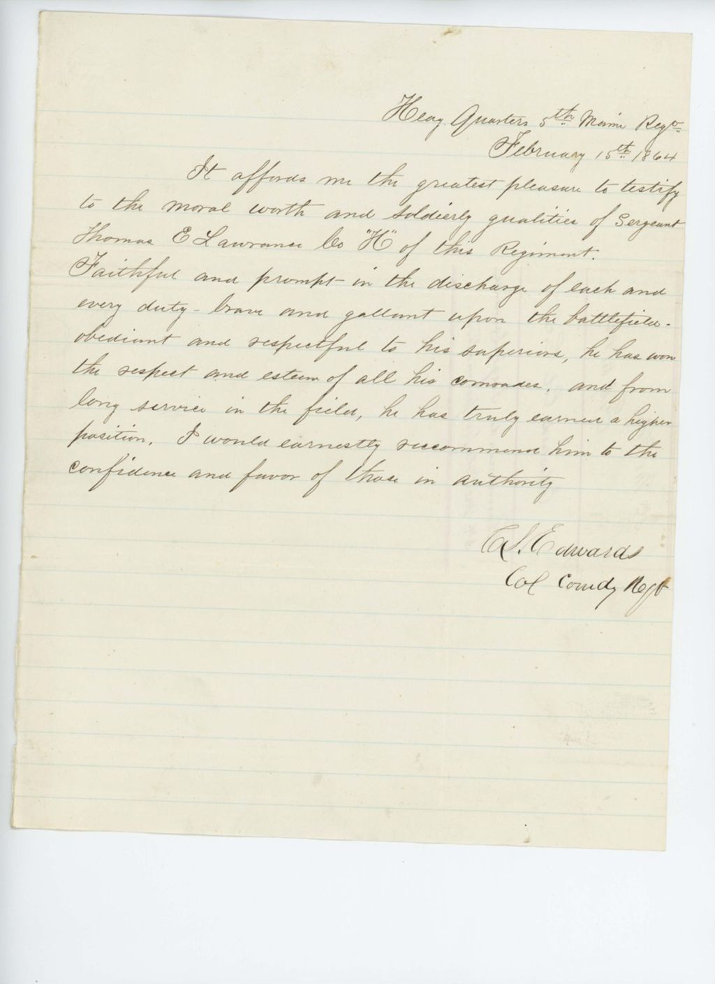 Miniature of Colonel Edwards recommends Sergeant Thomas E. Lawrence for promotion