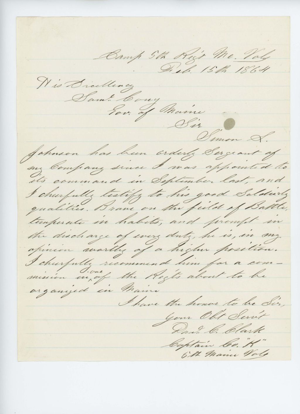 Miniature of Captain Daniel Clark recommends Simon S. Johnson for a commission