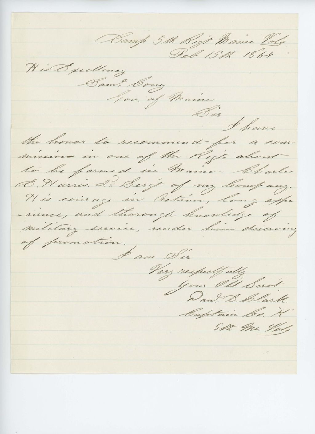 Miniature of Captain Daniel Clark of Company K recommends Sergeant Charles E. Harris for commission