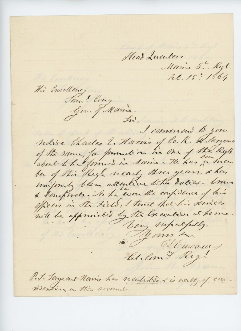 Miniature of Colonel Edwards recommends Sergeant Charles Harris for promotion in a new regiment